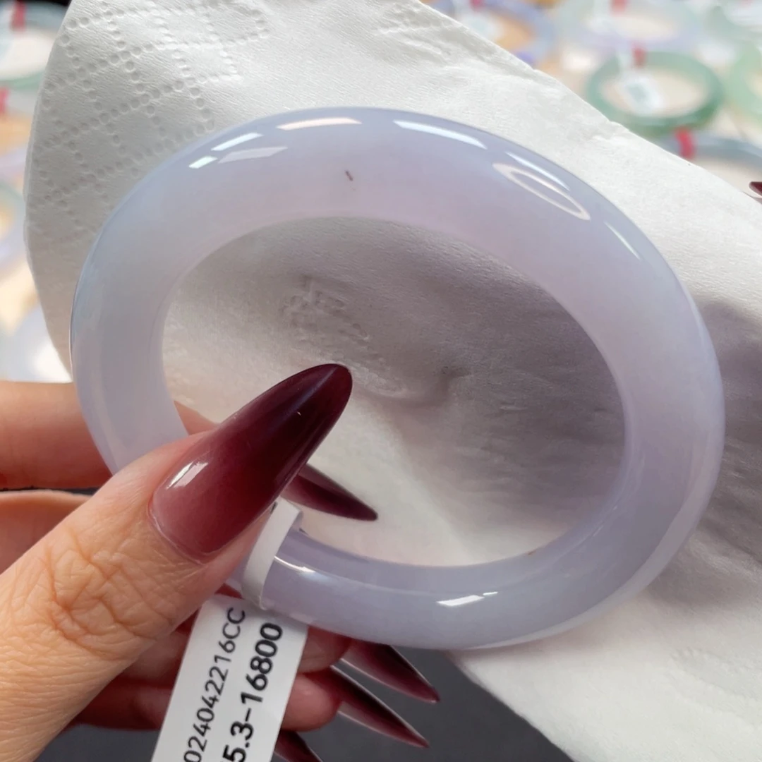 未镶嵌手镯翡翠47号55.3细糯化淡紫飘红圆条