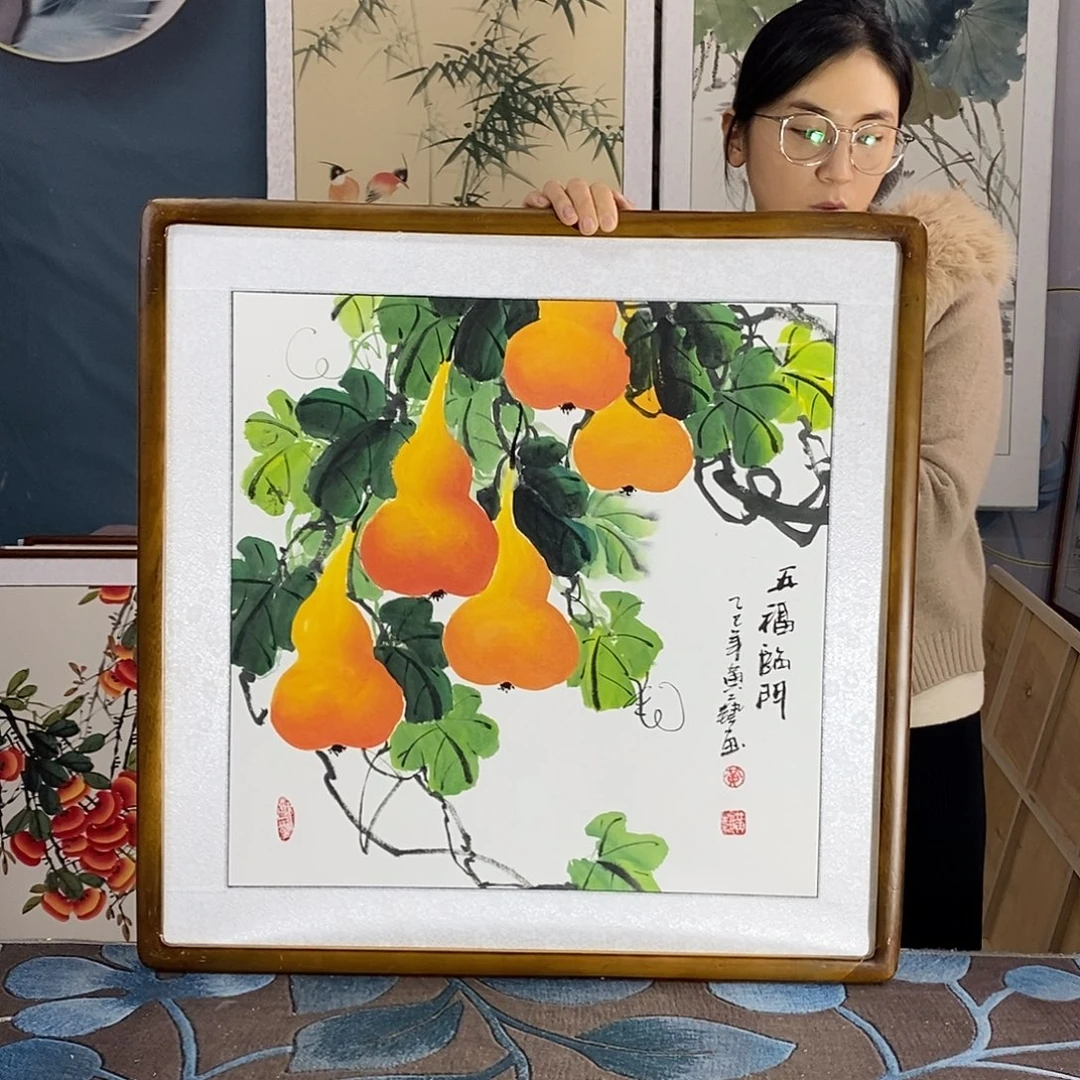 国画手写手绘国画作品带框包邮62✖️62