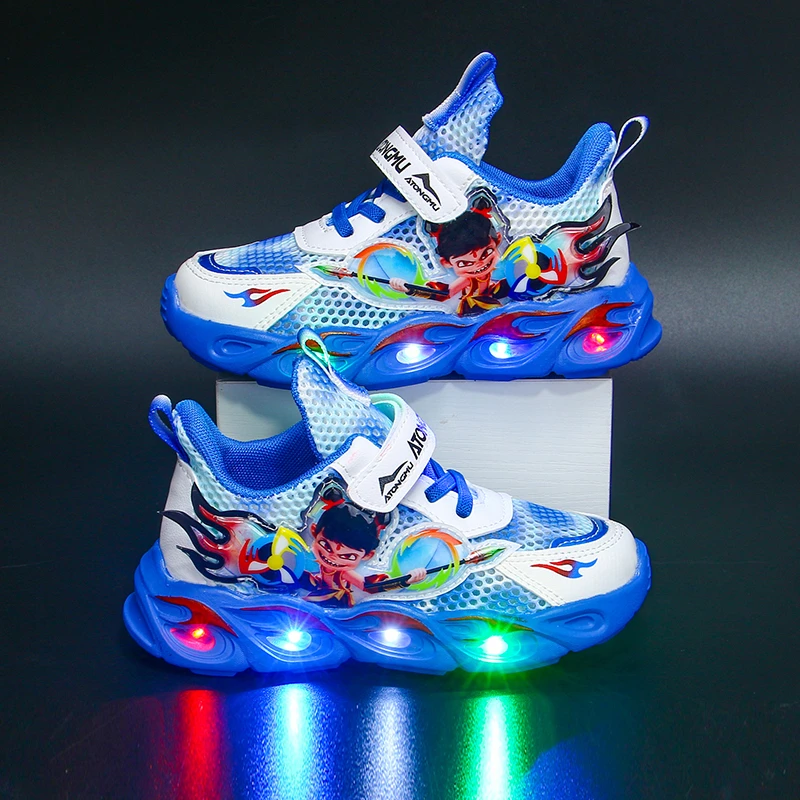 贝吖乐哪吒带灯儿童透气运动鞋2025春秋新款夏季单网网面男童鞋子