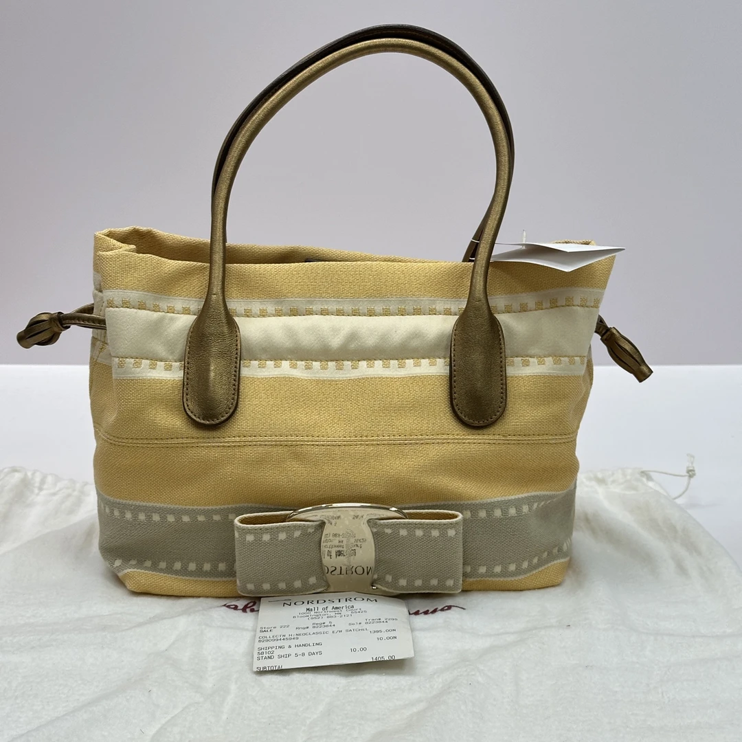 95新 FERRAGAMO/菲拉格慕 黄色帆布蝴蝶结手提单肩托特包 10624