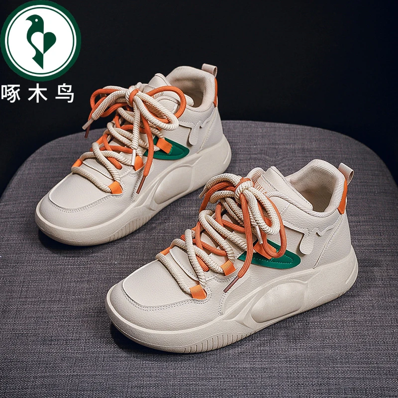【正品】啄木鸟韩版高帮小白鞋女2025春季新款学生休闲鞋女厚底鞋