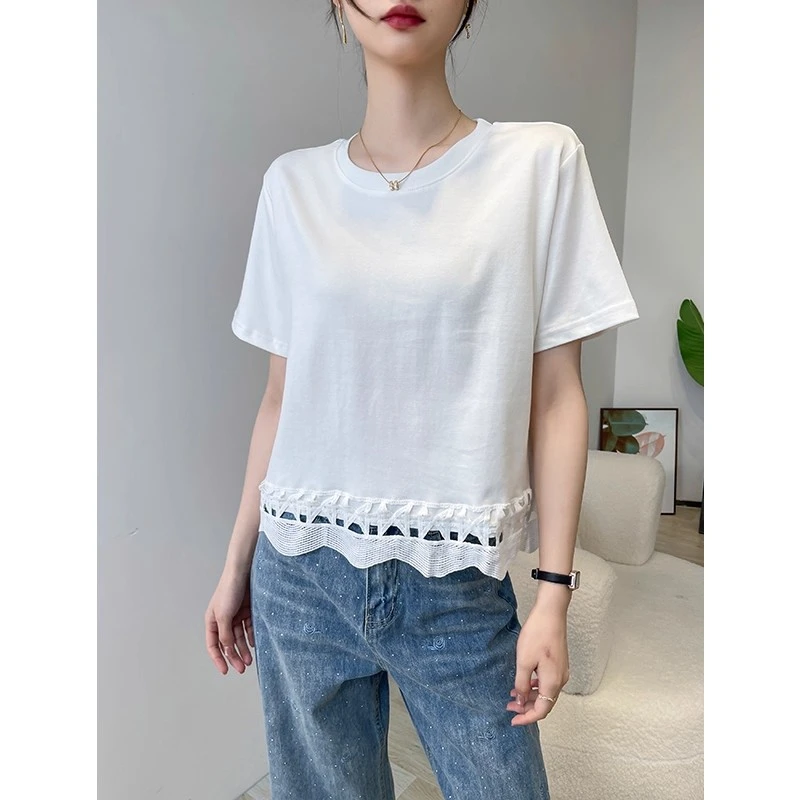 女士短袖t恤夏白色圆领蕾丝拼接镂空宽松内搭小个子上衣2025新款