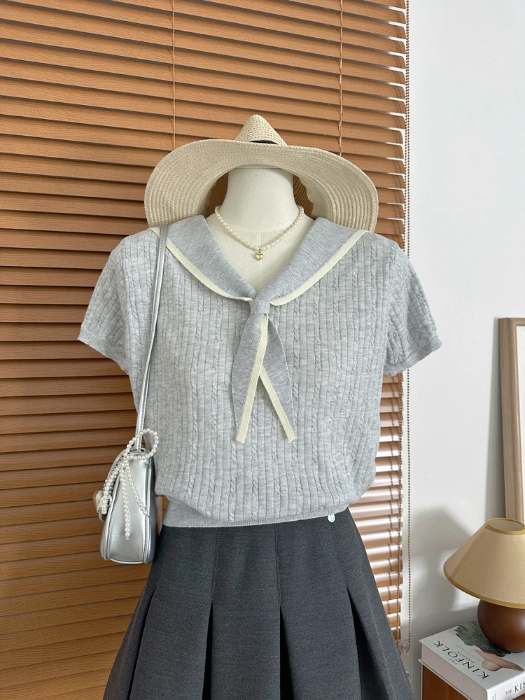 【质量超好】韩系独特漂亮上衣别致设计感小众海军领短袖针织衫