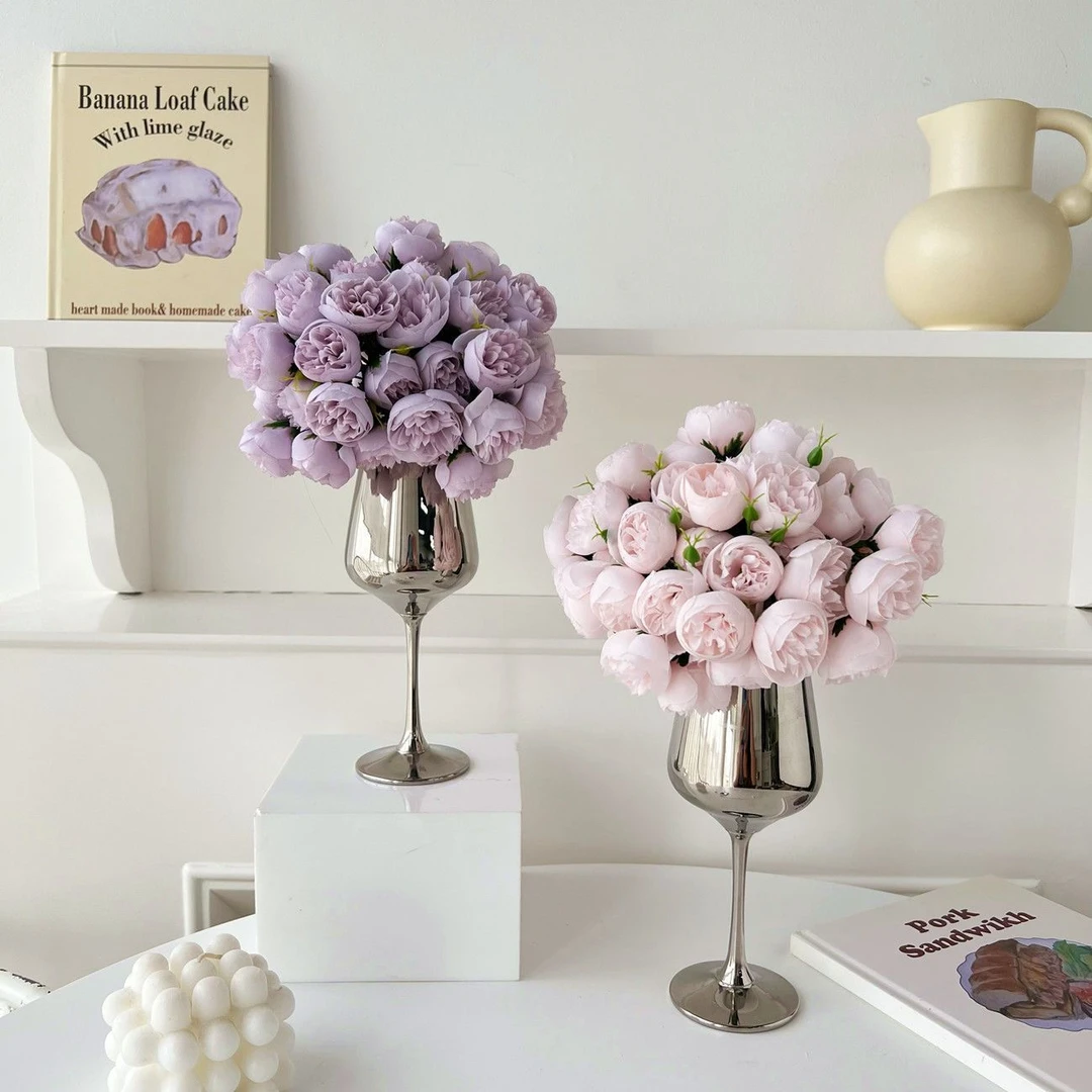 轻奢27头玫瑰花仿真花束假花客厅装饰摆件高脚杯餐桌花艺摆设