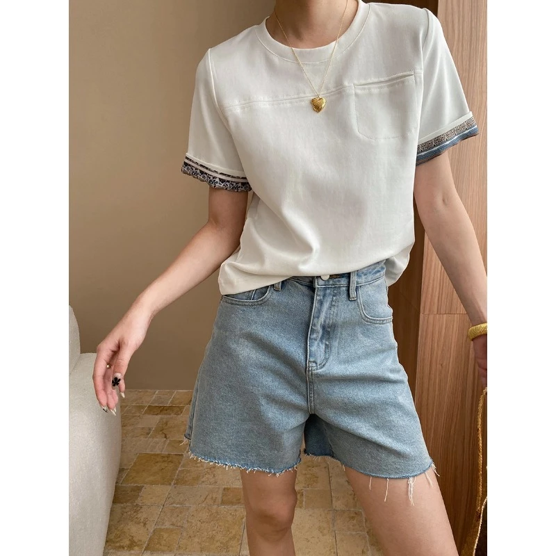 时髦设计感 气质撞色卷边袖口拼接花色短袖T恤全棉