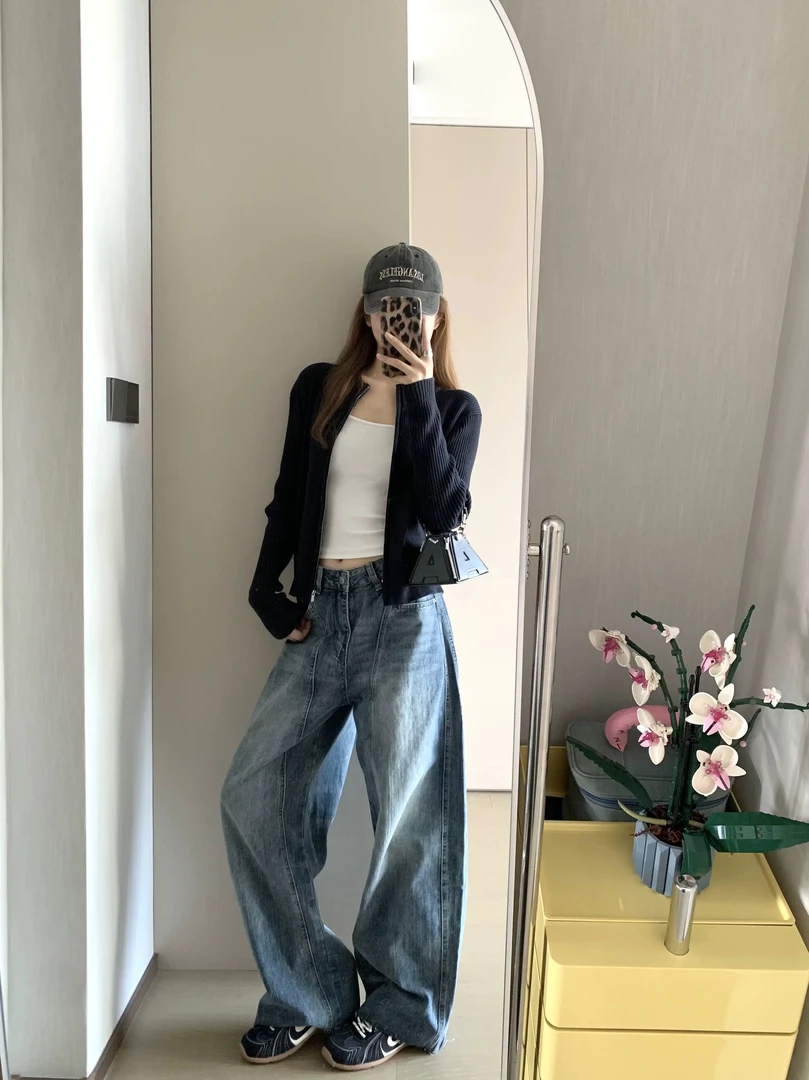 复古阔腿牛仔裤女180超长高个子美式辣妹垂感镰刀毛边宽松弯刀裤