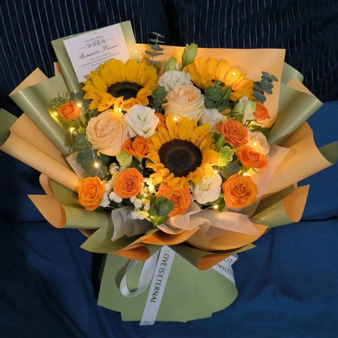 【生日花束】毕业花束3枝向日葵3枝香槟玫瑰泡泡混搭花束、毕业季向日葵花束花店送花上门