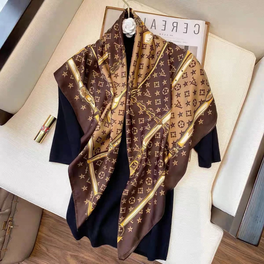 【咖色链条】花色大方极简丝巾厚款优雅女极简风装饰90×90   1018