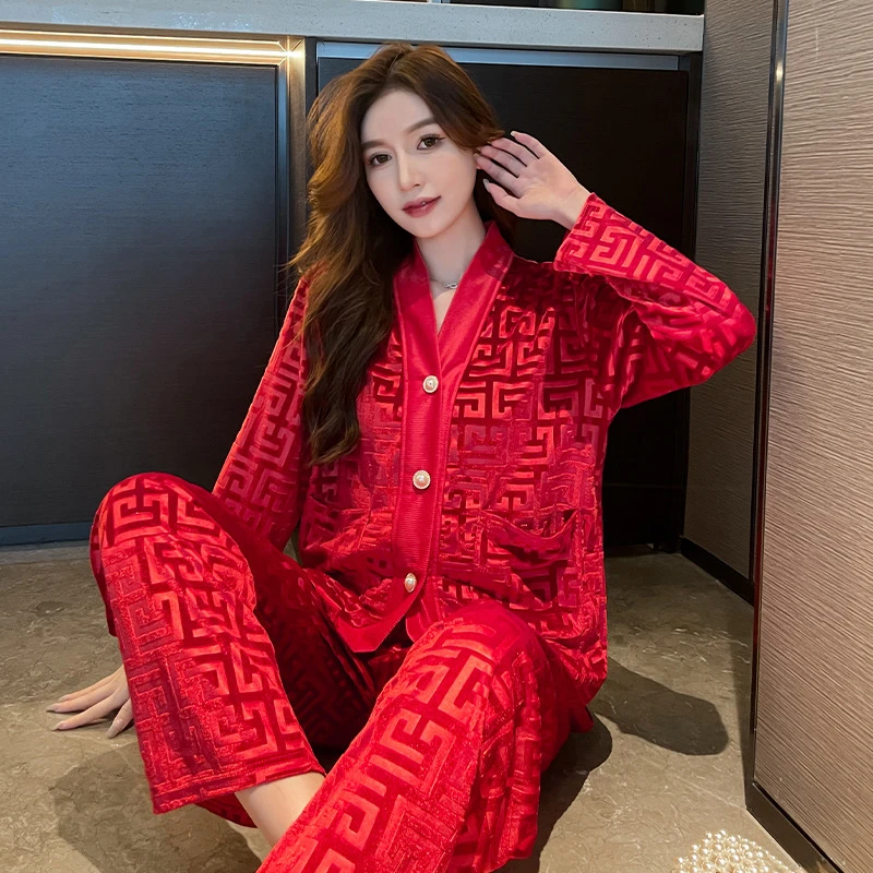 秋冬款大红色金丝绒睡衣女家居服长袖长裤
