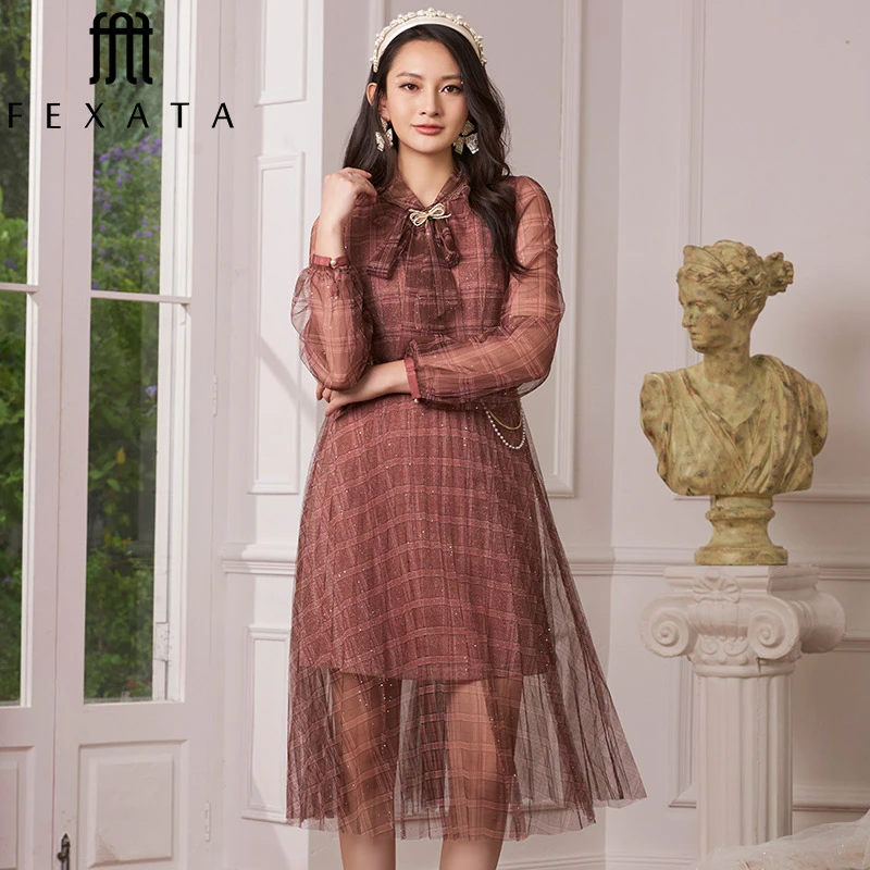 【诗语专属】FEXATA斐格思网纱灯笼袖中长裙连衣裙