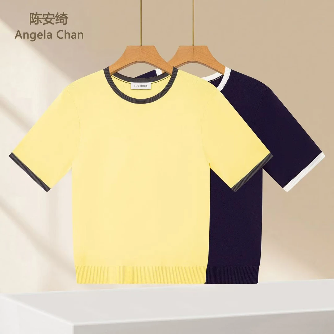 新款减龄撞色领显瘦弹力T恤