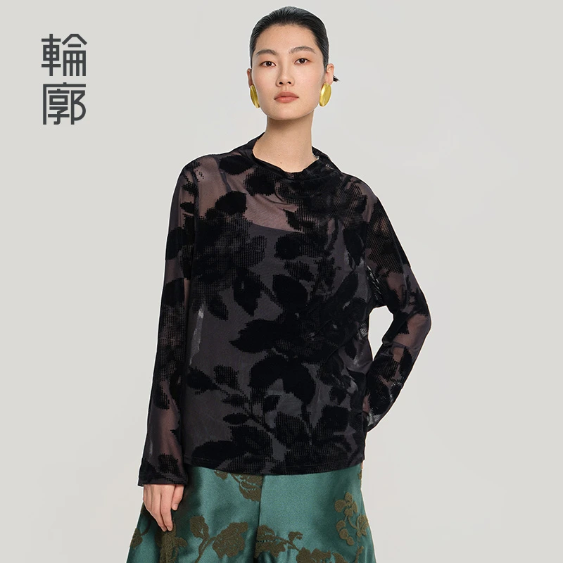 轮廓黑珍珠原创设计弹力网纱植绒上衣立领长袖打底衫小衫L251Y013