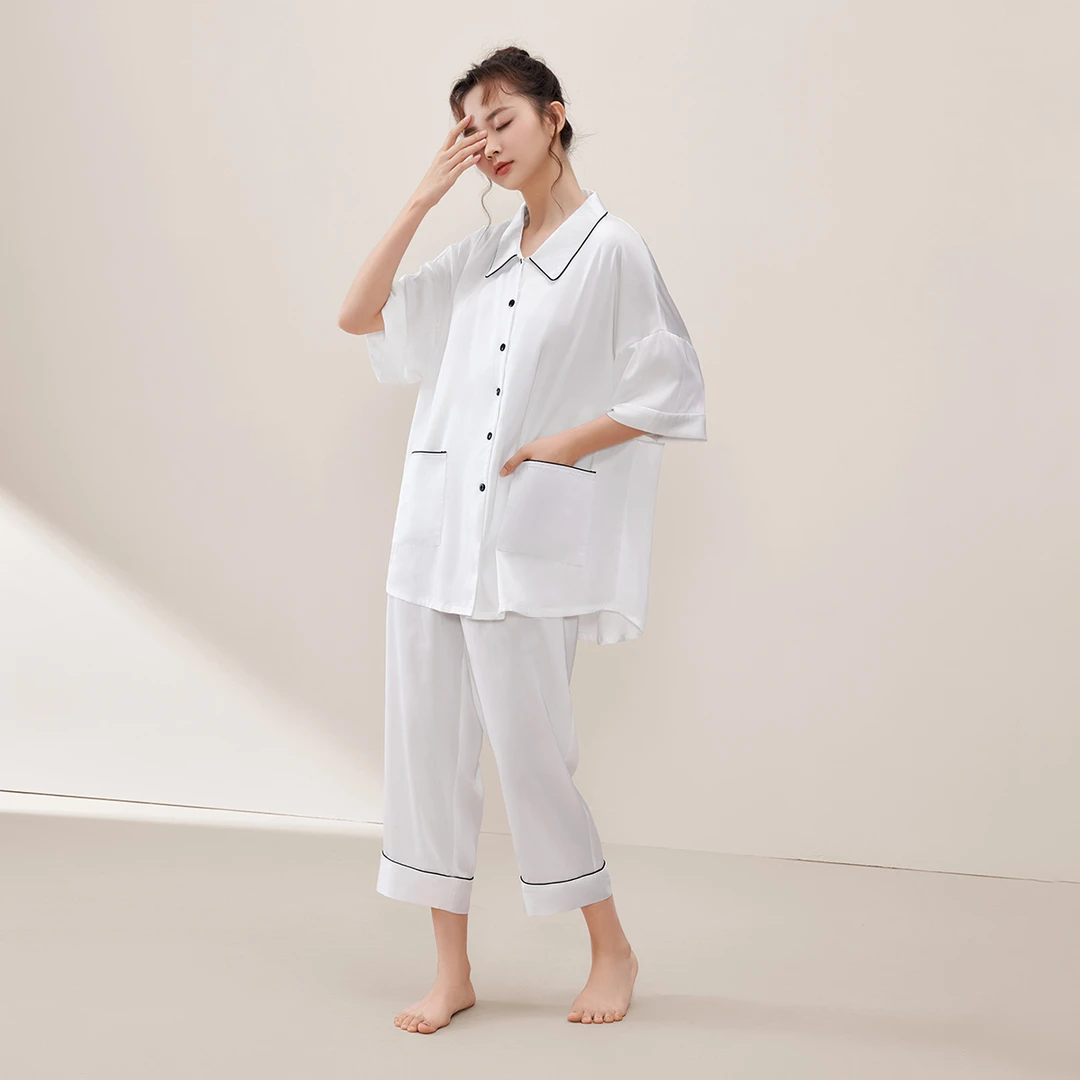 安之伴五分袖冰丝睡衣女2025年夏天薄款仿真丝开衫家居服性感套装