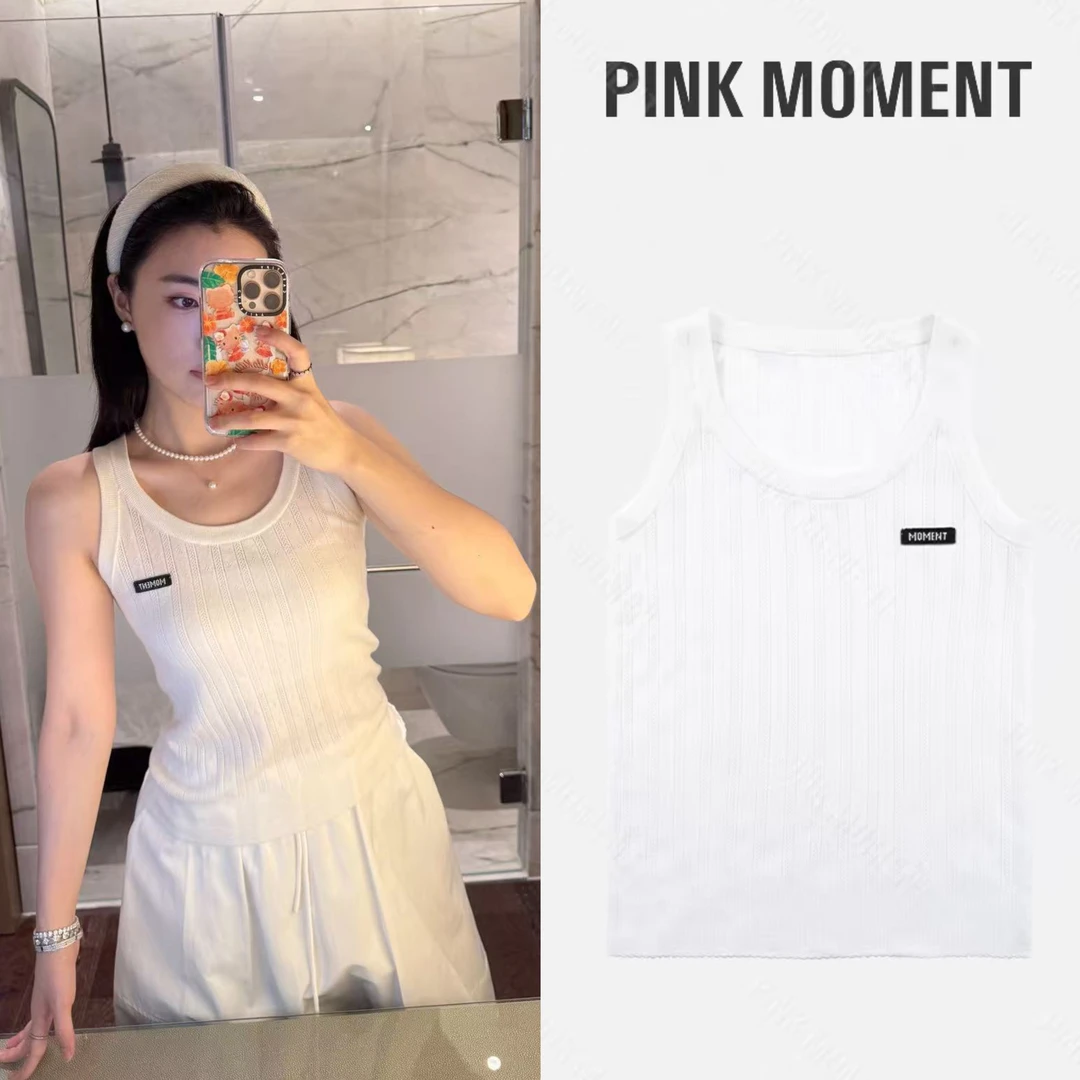 PM王囡囡 白色U领字母刺绣镂空工字无袖背心(无胸垫) ND1C1558