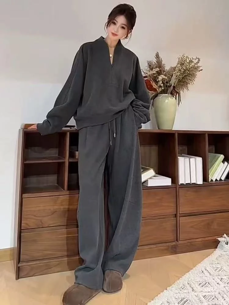 慵懒风半拉链卫衣+直筒阔腿裤两件套女2025秋季新款宽松显瘦套装