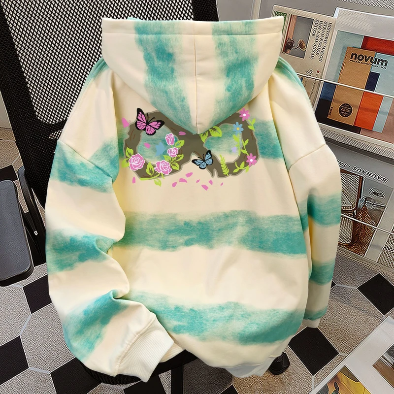 韩版时尚小众ins扎染横条连帽卫衣男女秋冬加绒加厚宽松显瘦上衣