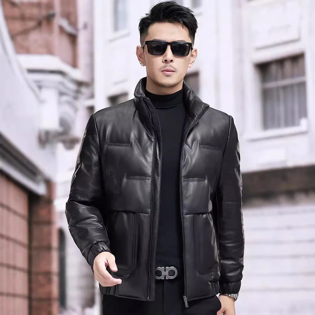 海宁真皮皮衣男短款绵羊皮2025新款立领秋冬季加厚羽绒服夹克外套