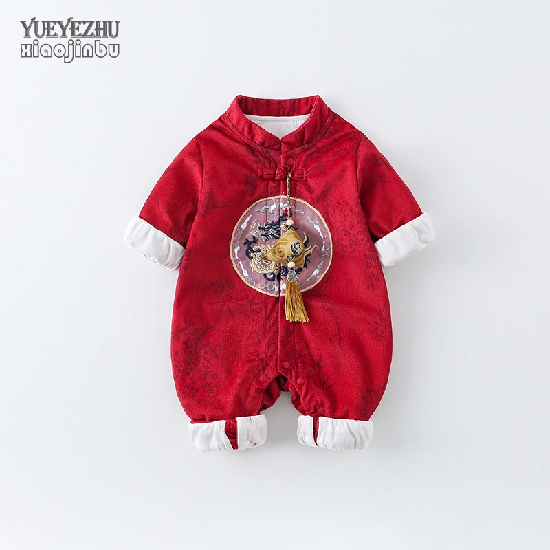 红色婴儿连体衣秋装中国风喜庆宝宝百日宴衣服春秋外出满月周岁装