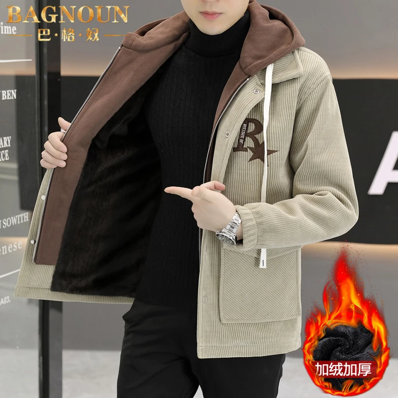 巴格奴夹克男士秋冬季新款时尚轻奢加绒加厚连帽假两件灯芯绒外套