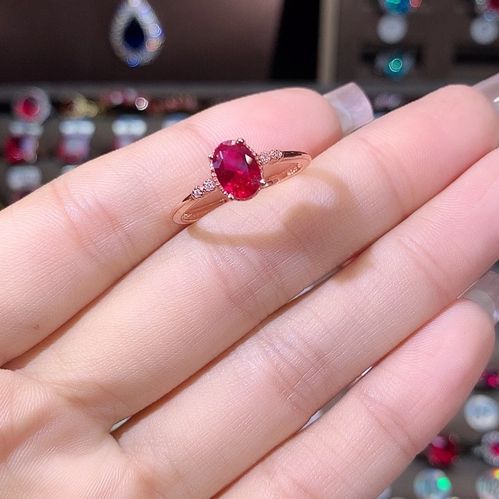红宝石银S925镶嵌戒指酒红玫瑰金57
