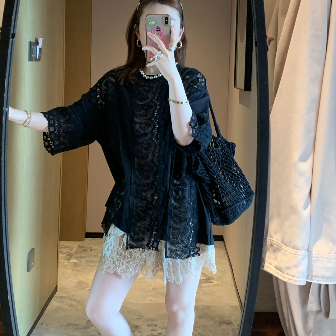 韩系夏季新款时尚圆领休闲蕾丝拼接T恤宽松百搭短袖上衣