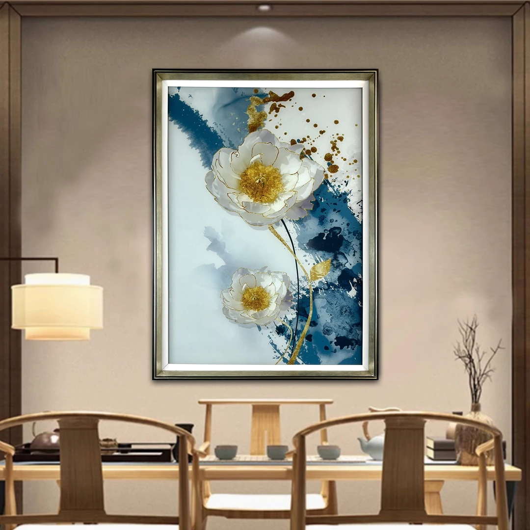 艺彩[白牡丹]现代风钢化玻璃装饰画烫金炫彩玄关客厅办公室挂画
