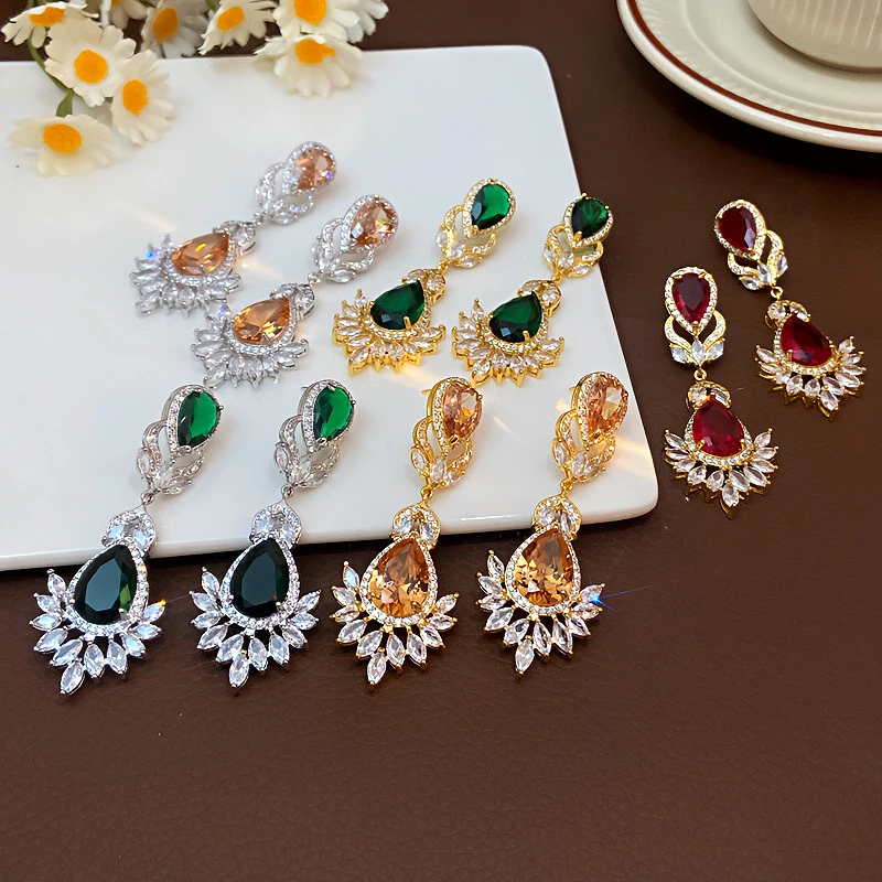 纯铜锆石耳饰 欧美花朵水滴耳环轻奢高级感小众百搭耳饰