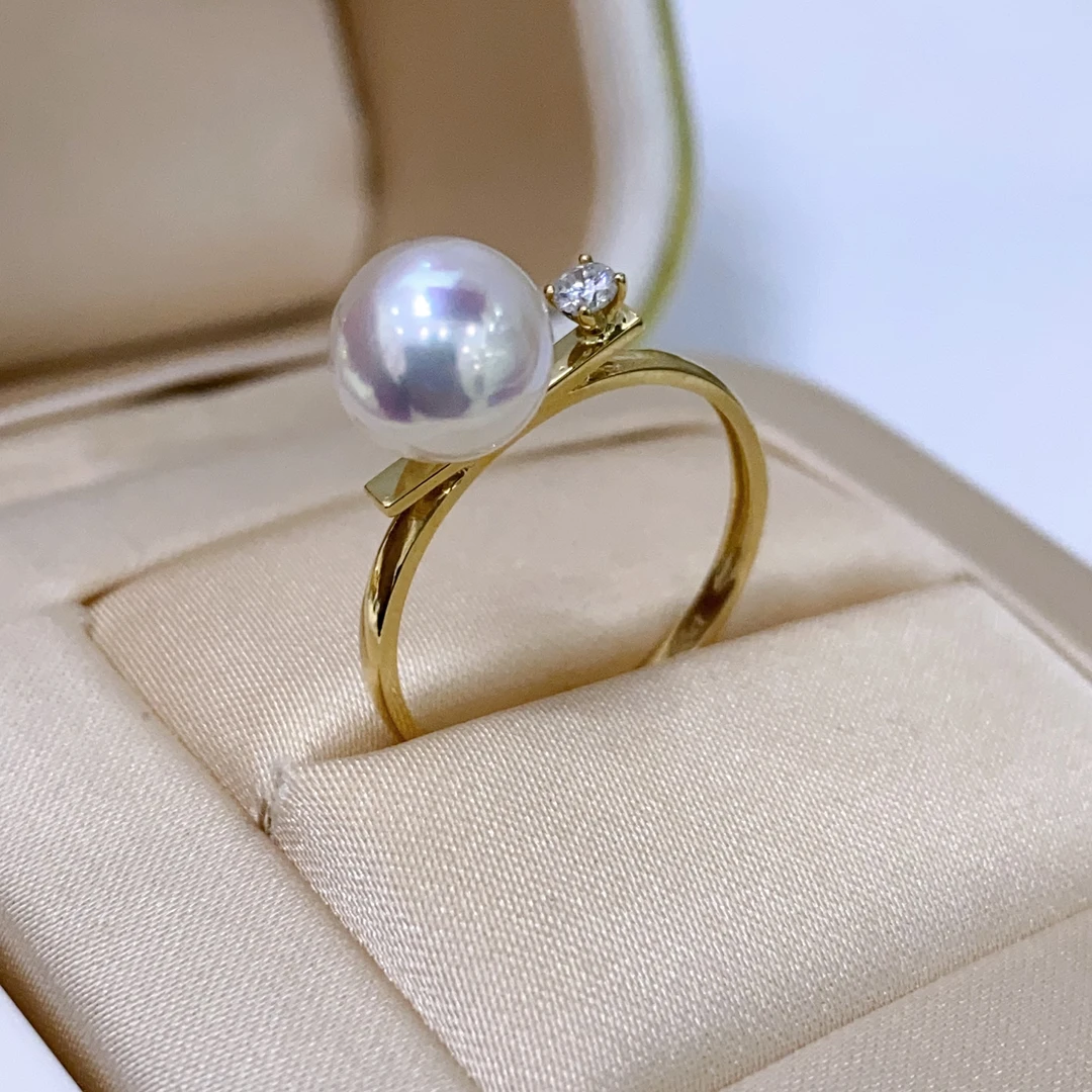 【彤彤珍珠】海水akoya珍珠【平衡木】戒指强光天女18k钻石简单