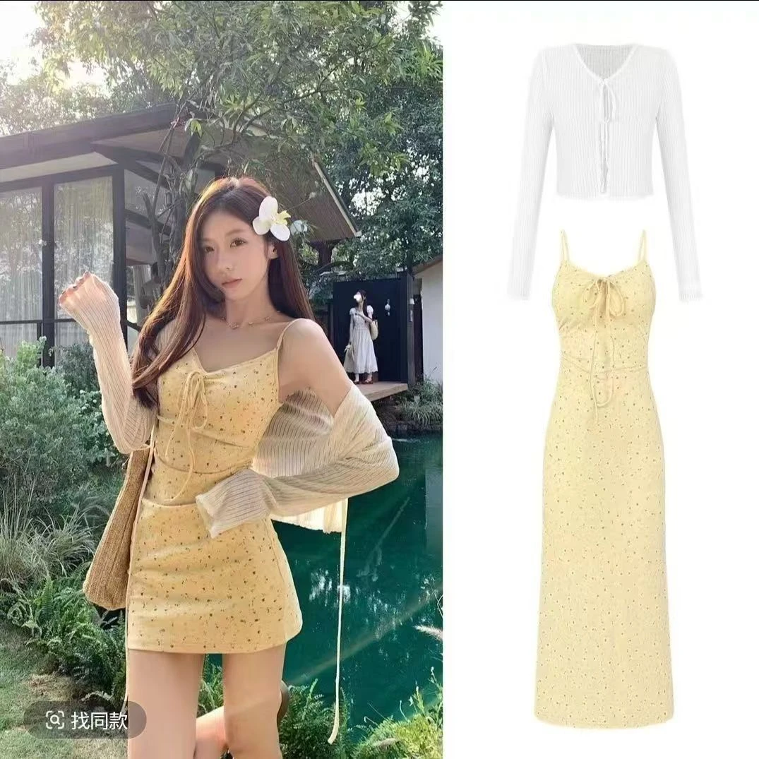 黄色吊带碎花夏季女裙2025款小个子显瘦套装穿搭A字短裙