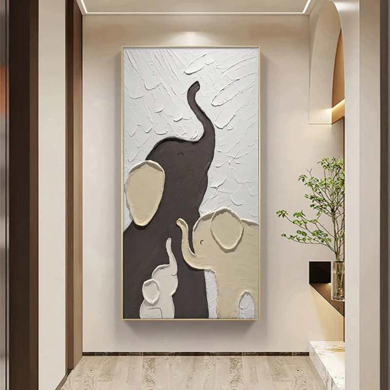 《吉象如意》三只象奶油风客厅肌理画沙发背景墙玄关挂画幸福一家