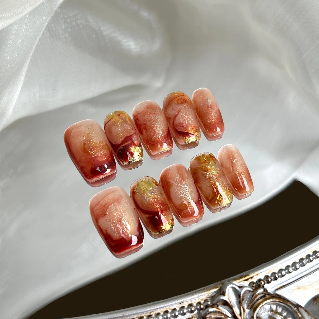 【混天绫】蓝珊手工穿戴甲水润高级琥珀色冰透晕染金箔气质显白百搭