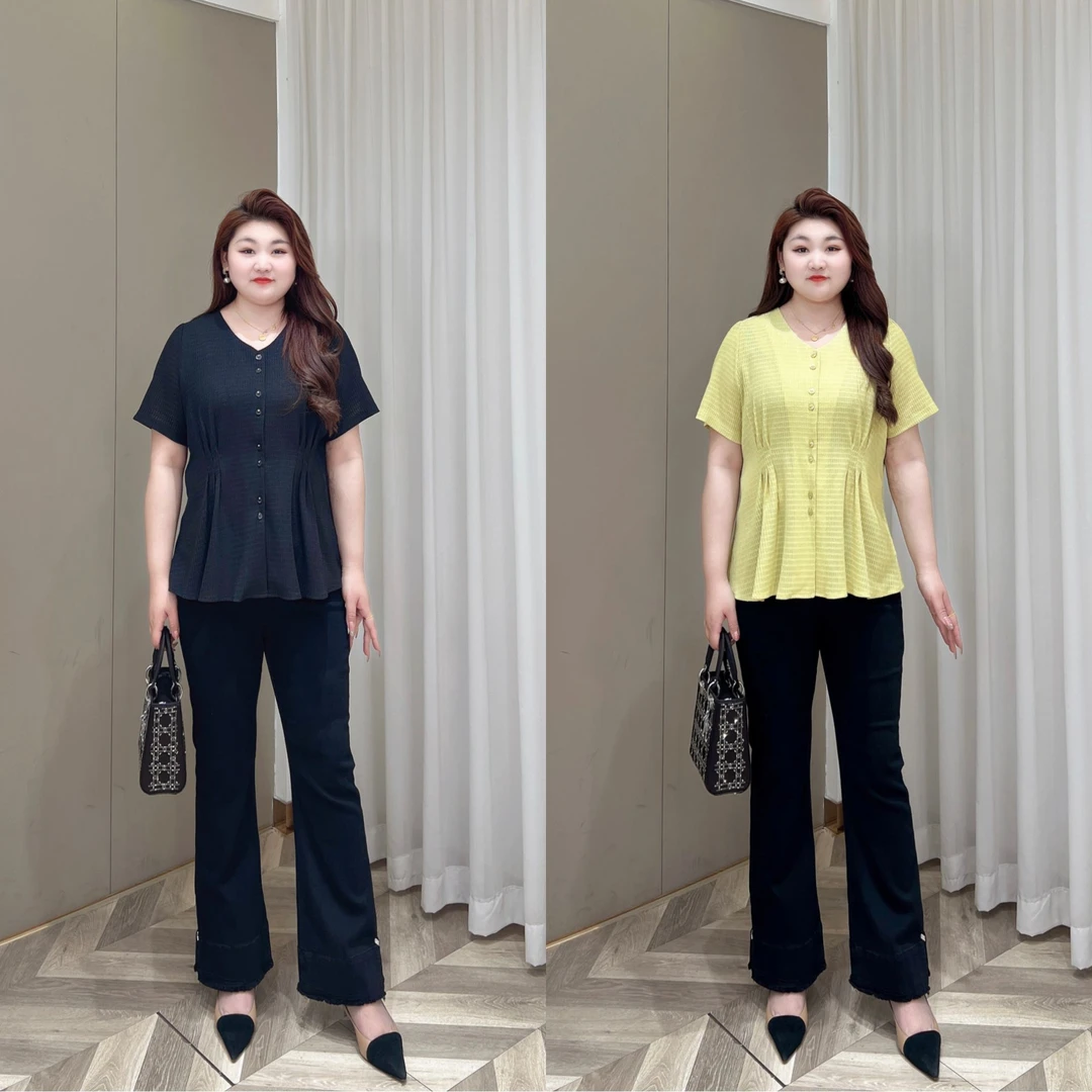 上衣【悦林大码】PMM81729春夏新款V领捏褶收腰显瘦简约百搭上衣T恤