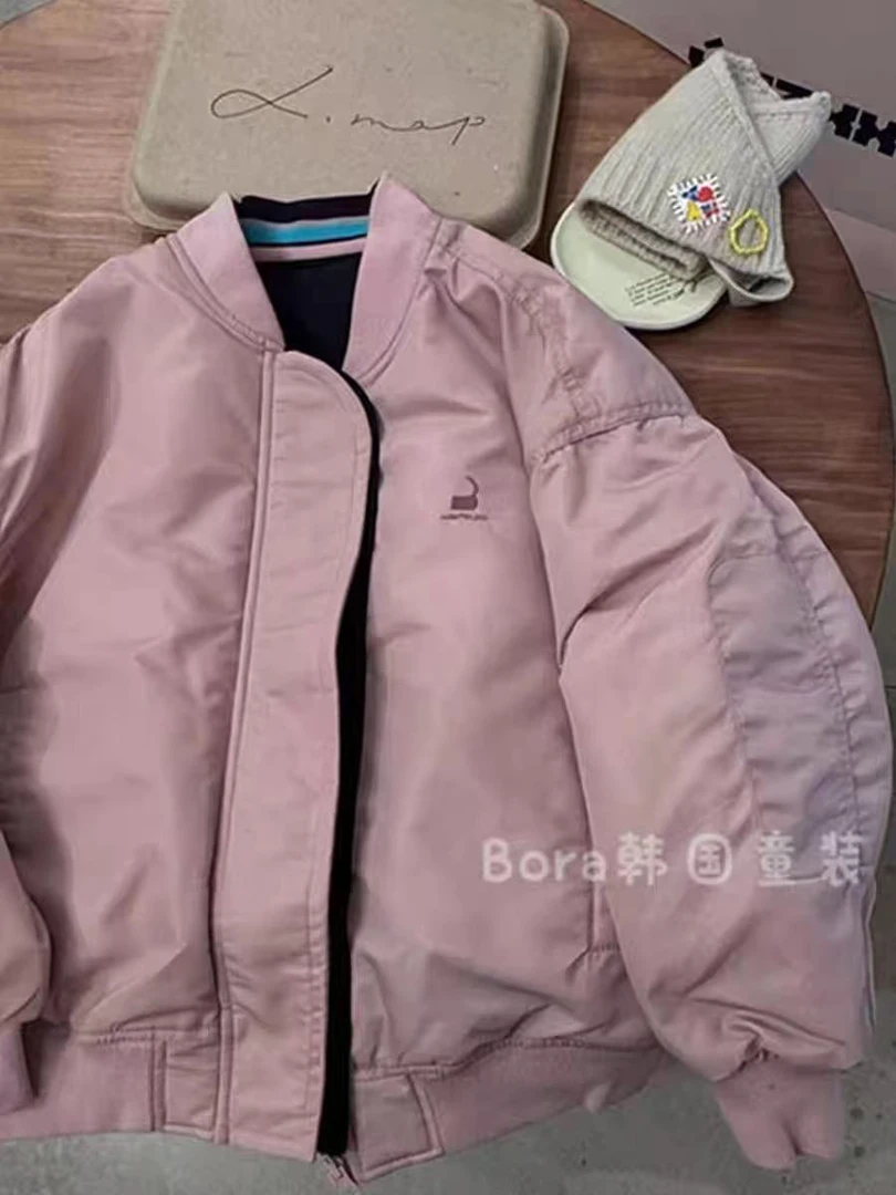 女童外套加厚保暖儿童棒球服双面穿春秋装2025新款大童女孩粉夹克