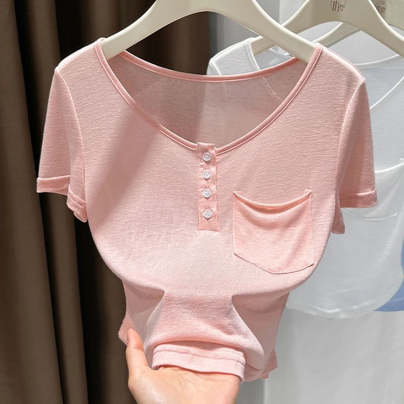 圆领纽扣设计感短袖上衣女2025秋季新款弧形下摆修身显瘦内搭T恤