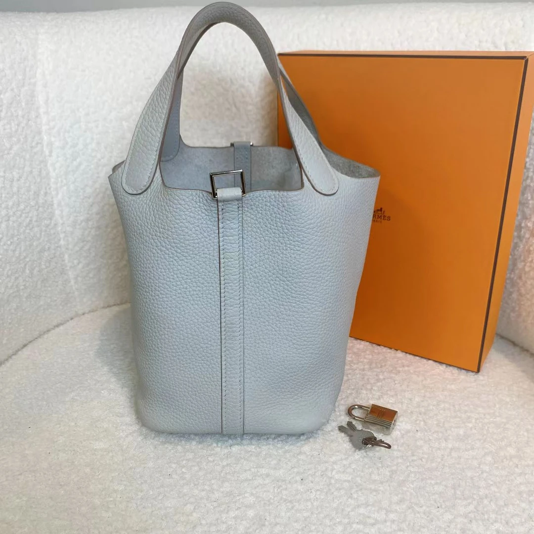 99新 Hermes/爱马仕 壹臻/珍珠灰银扣菜篮子18 y刻 TC皮 18441976