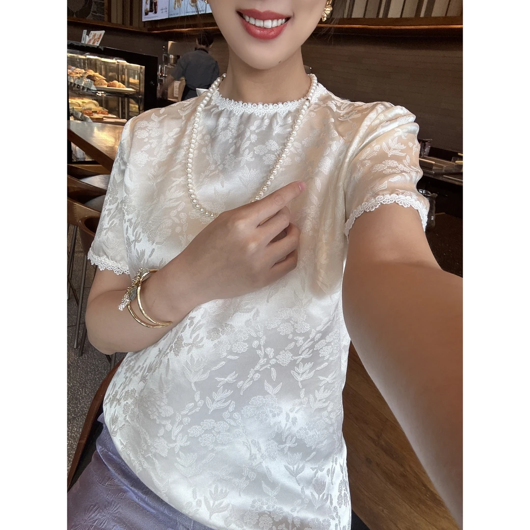 【深圳罗依】原创真丝衬衫女桑蚕丝提花拼蕾丝边新中式气质短袖上衣