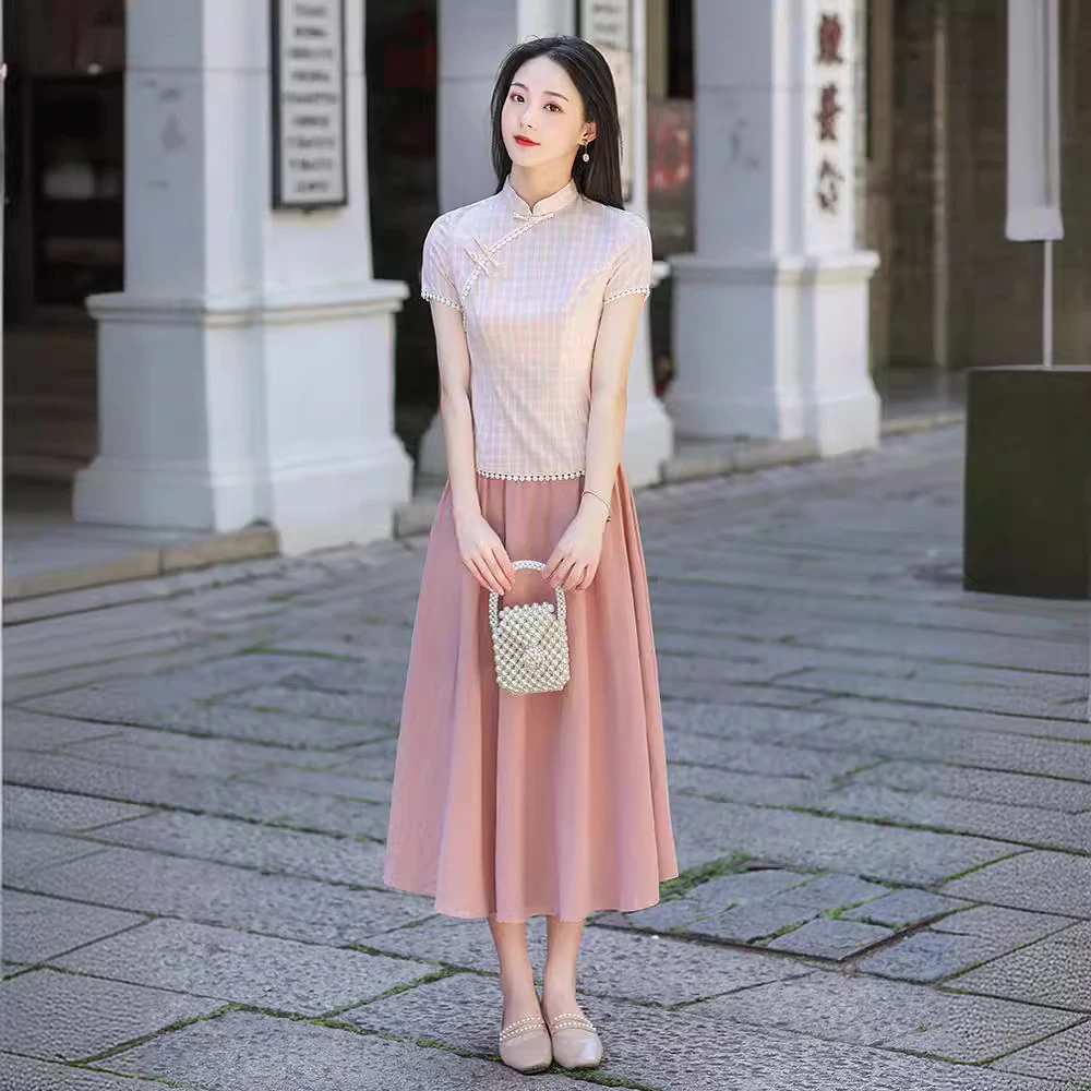 布尚旗袍夏季新款旗袍两件套 少女改良旗袍学院风清纯小清新旗袍