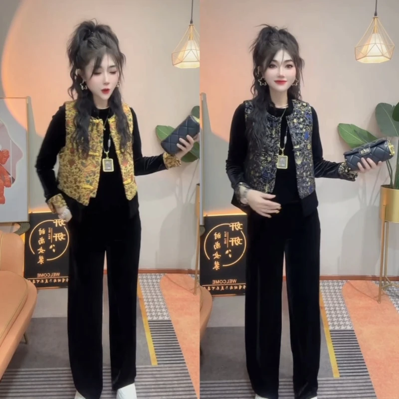 秋冬新款碎花加棉长袖上衣搭配直筒长裤舒适百搭套装