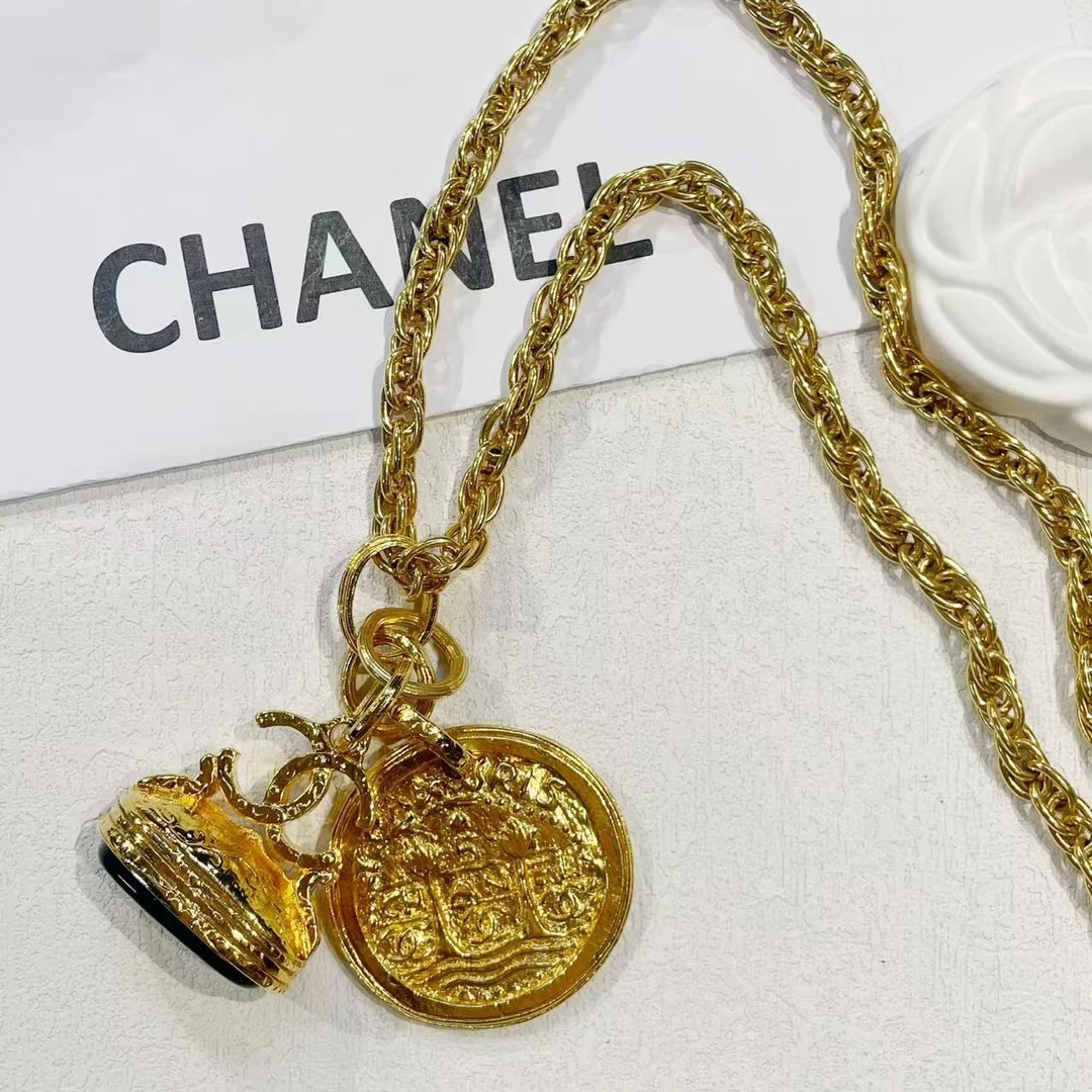 95新 Chanel/香奈儿 中古素金蓝琉璃双C项链/CJ5708