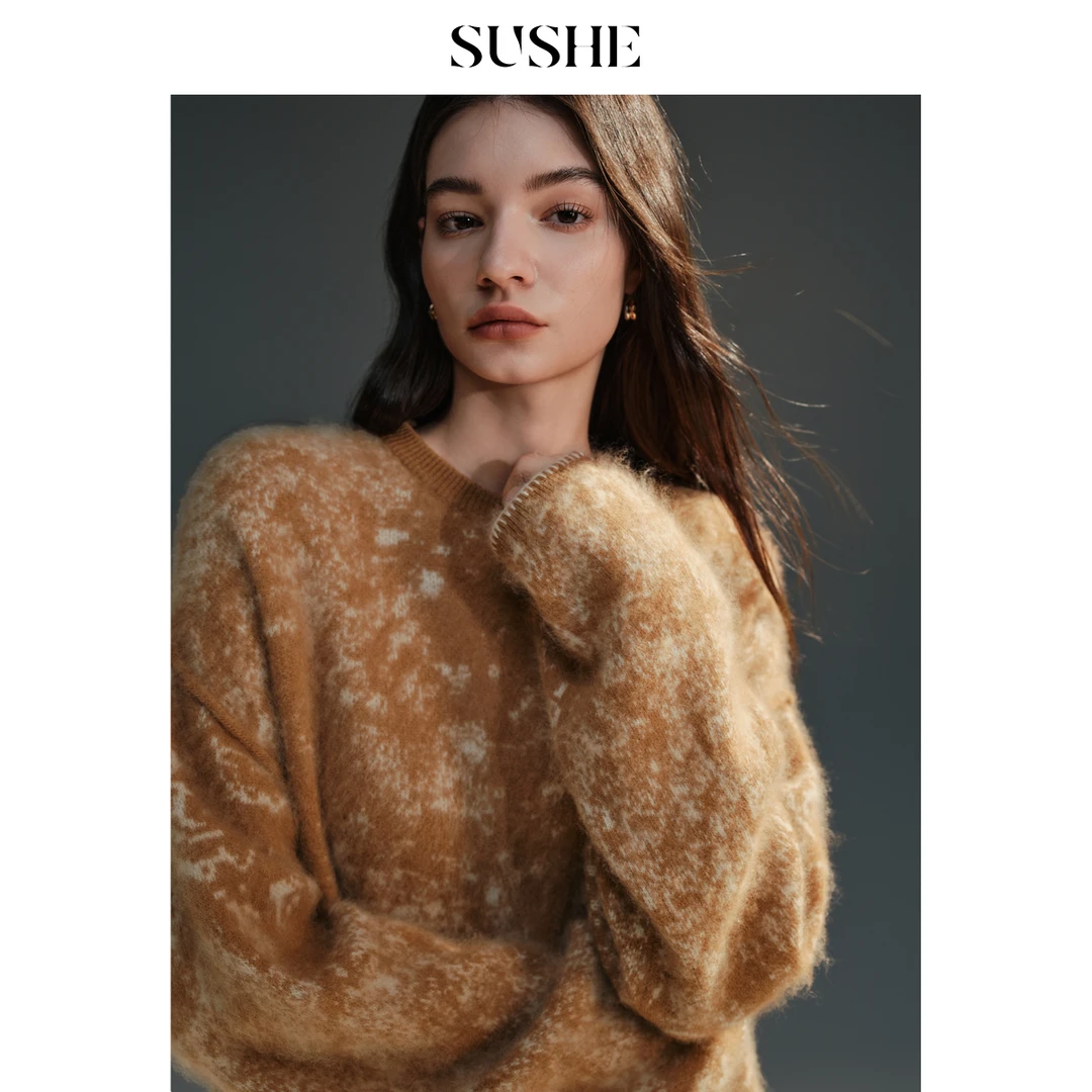 束皙SUSHE 梦绵 时髦艺术家 晕染羊绒羊毛罗纹落肩宽松套头毛衣女