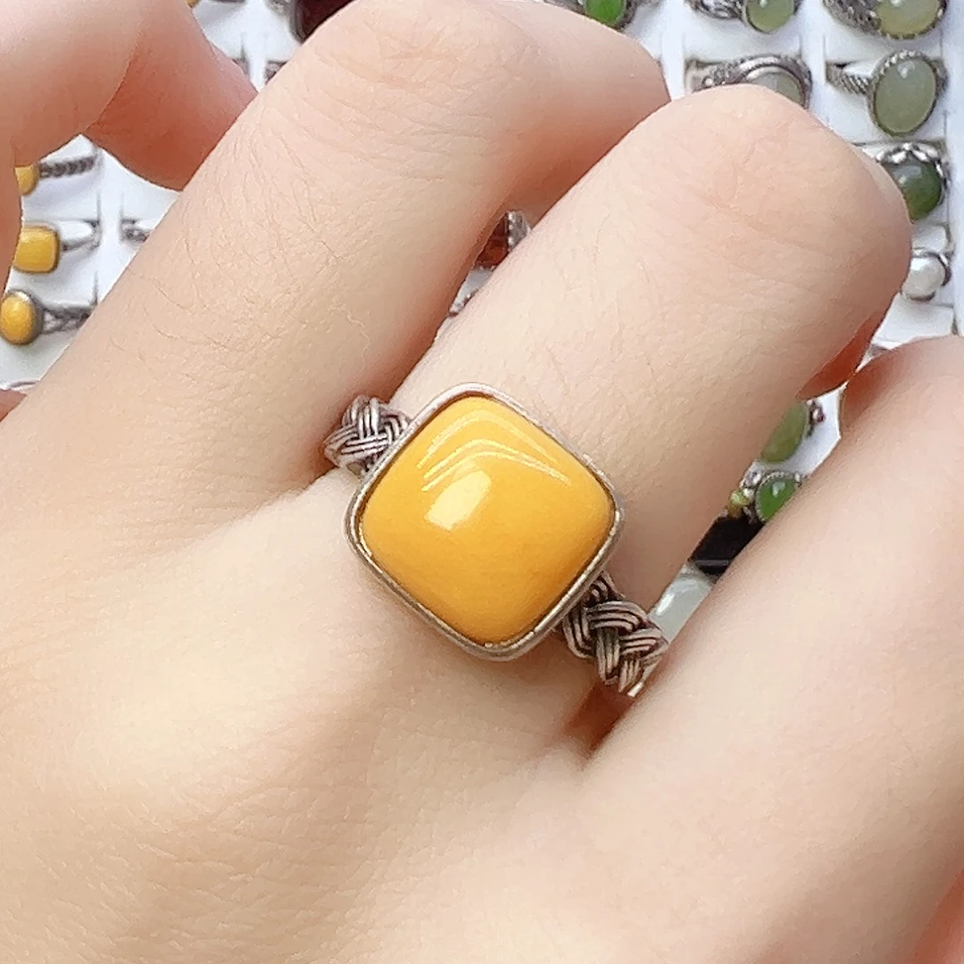 蜜蜡银S925镶嵌戒指，