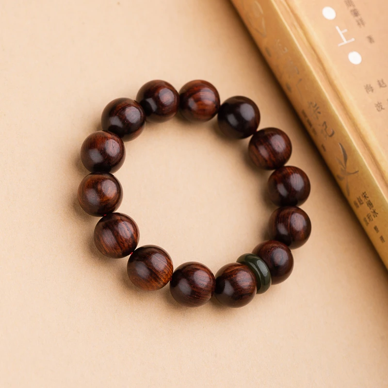 海南黄花梨15mm圆珠和田玉单圈手串复古个性手链男配饰手串