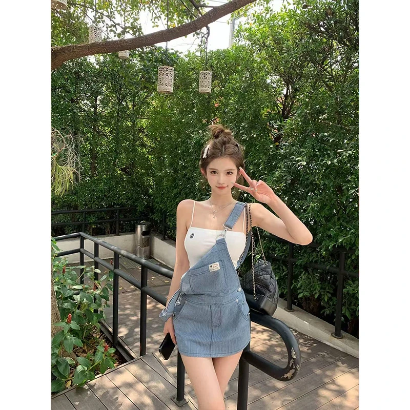 纯欲小吊带背心女外穿搭辣妹性感打底抹胸上衣牛仔背带裙两件套