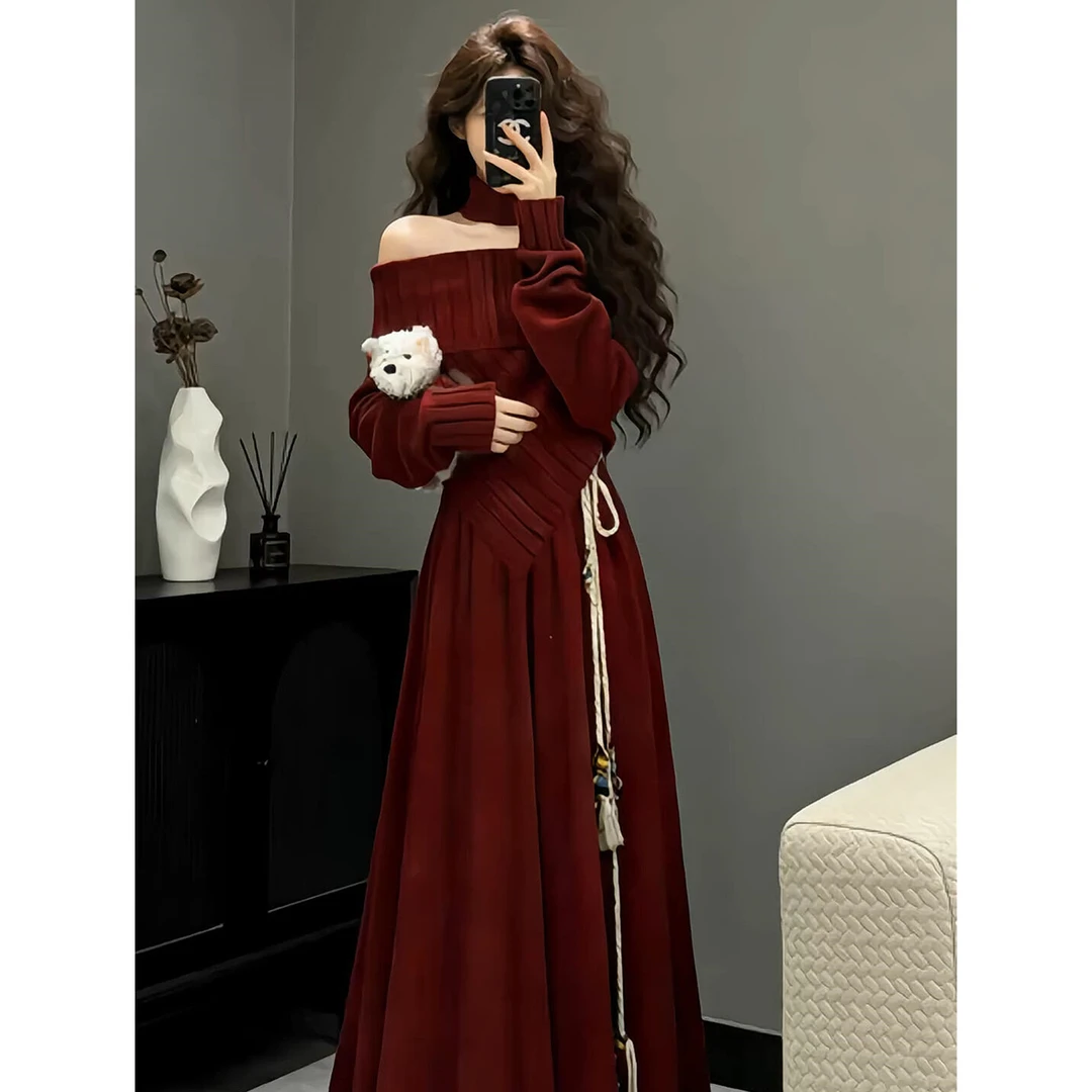 圣诞元旦跨年穿搭针织连衣裙2026超火冬一整套装新年战袍红色裙子