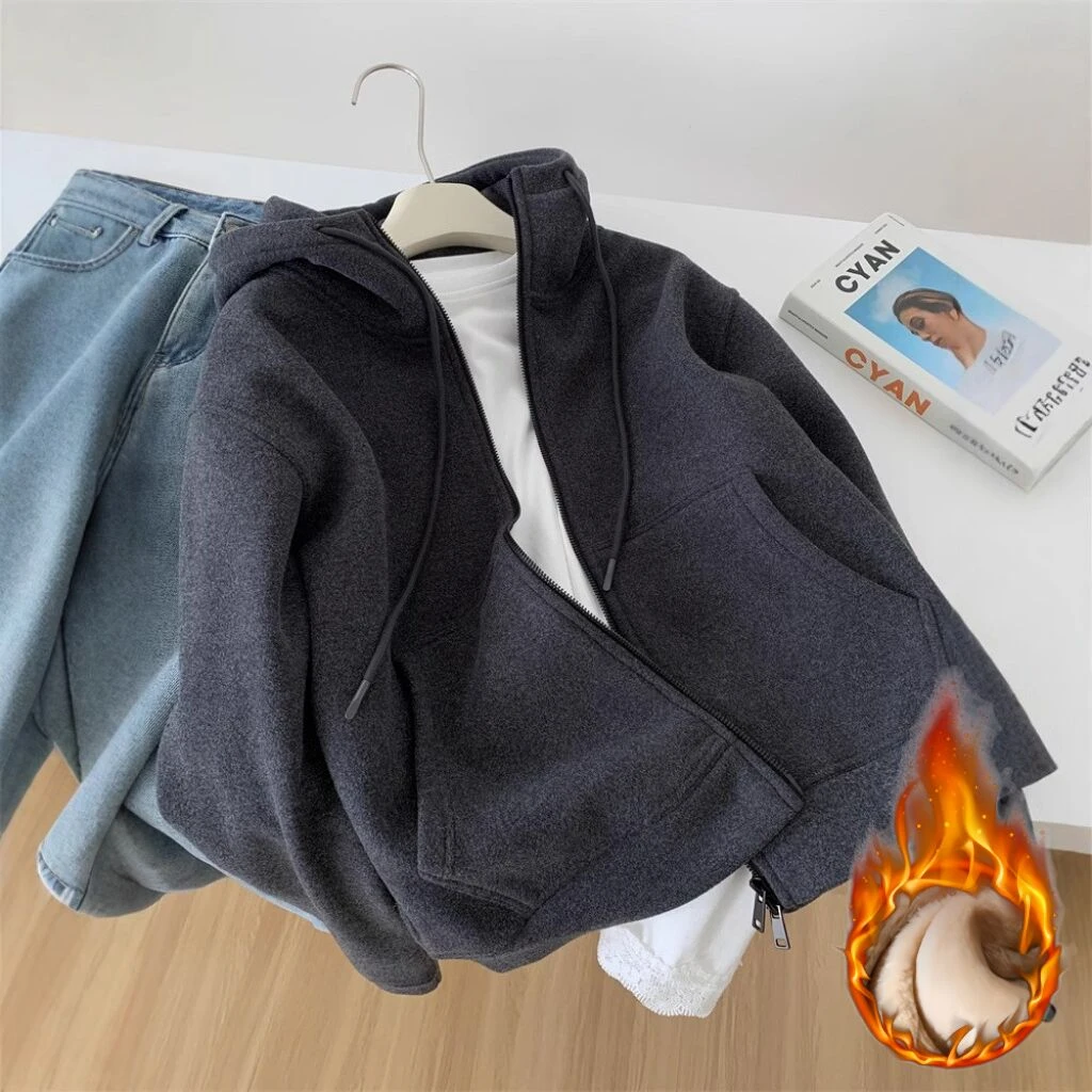 重磅加厚深灰色卫衣外套女气质慵懒保暖百搭早春韩版连帽拉链开衫