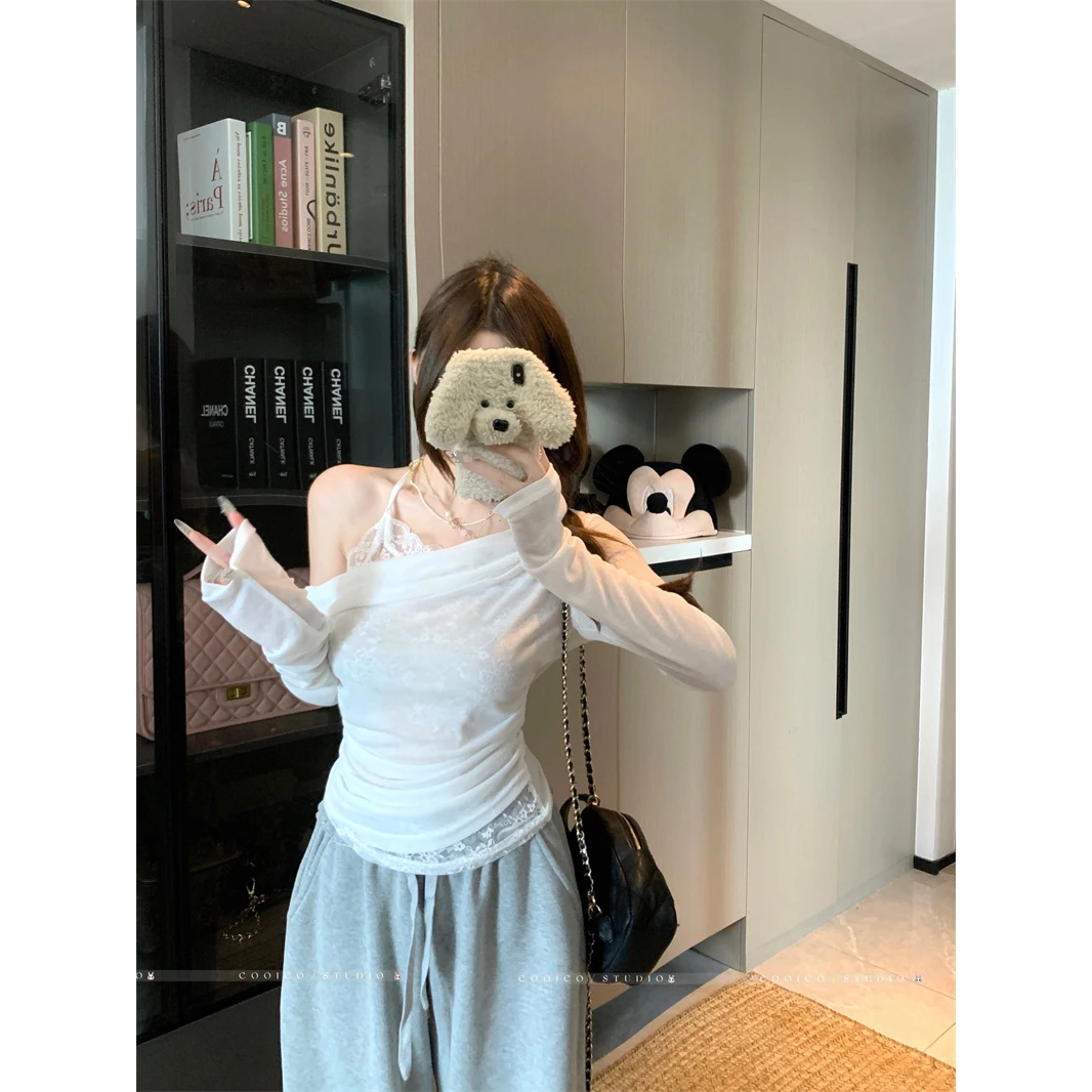 假两件荡领斜肩长袖t恤女秋季纯欲一字肩上衣蕾丝打底衫内搭绝美