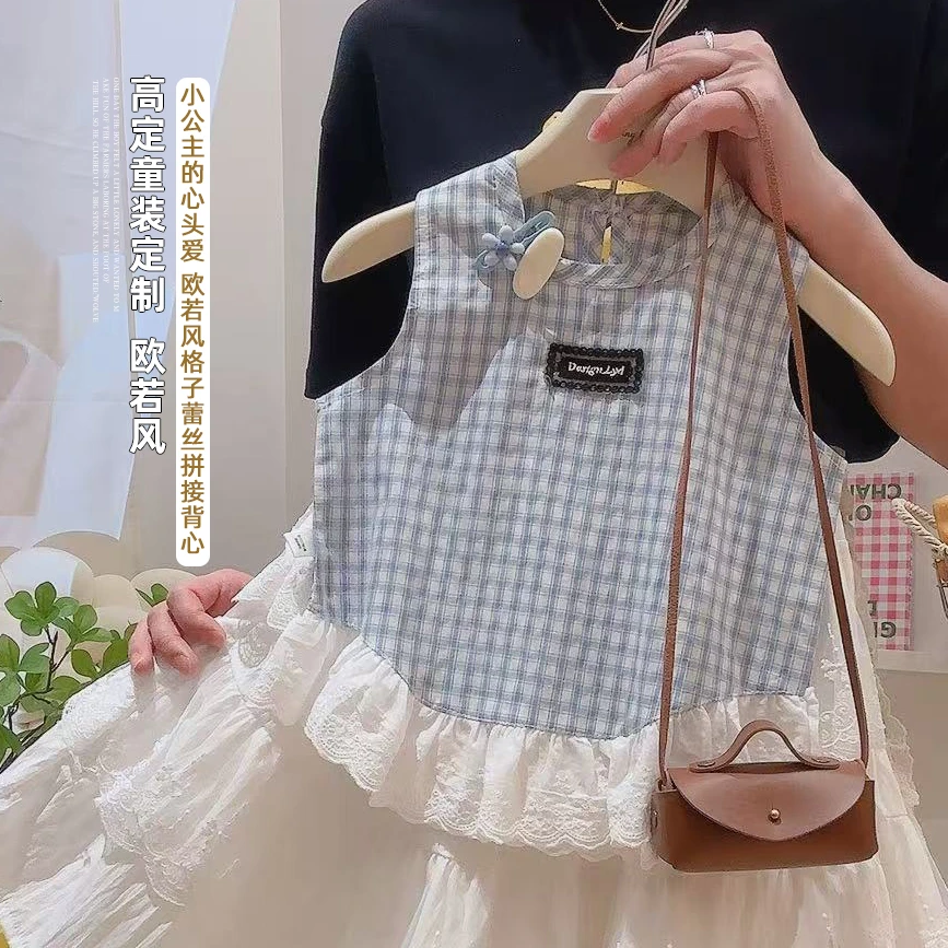甜美公主女童2025无袖格子娃娃衫上衣韩版可爱洋气上衣