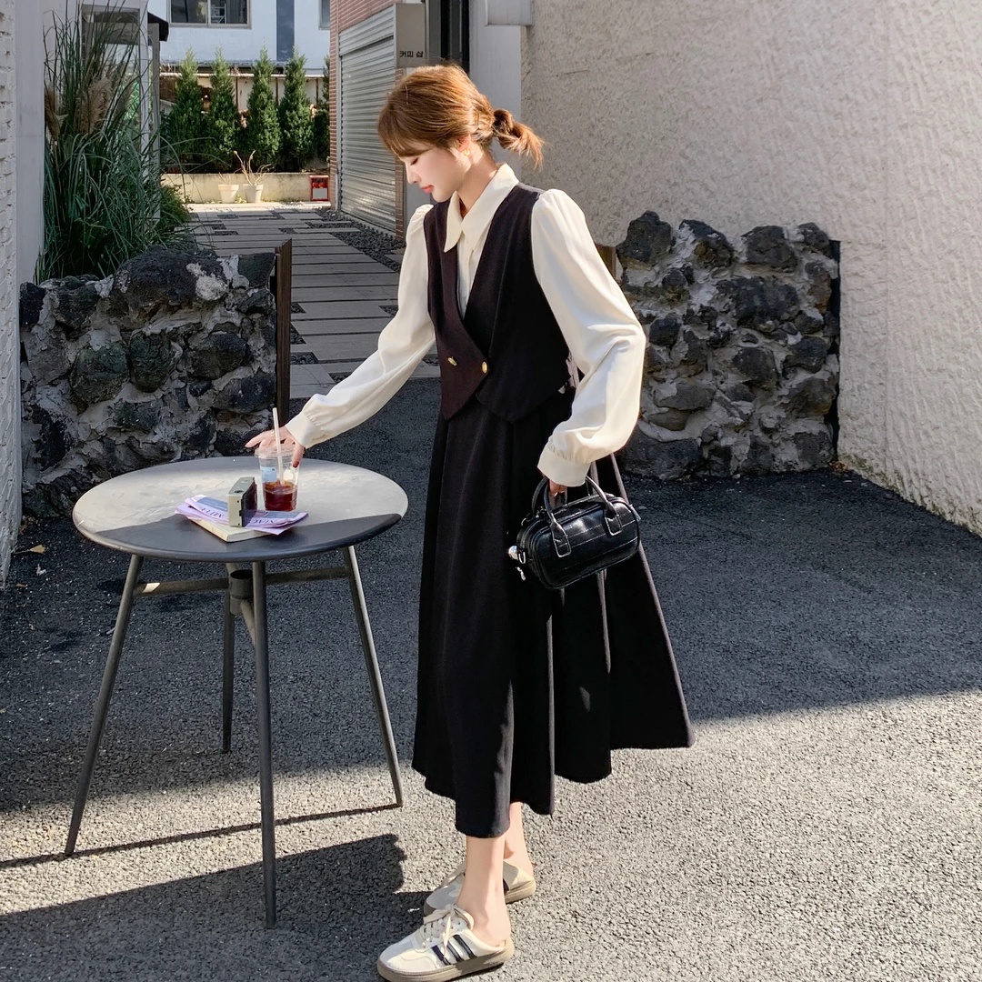学院风立领衬衫拼接假两件连衣裙2025春季新款高级感收腰显瘦长裙