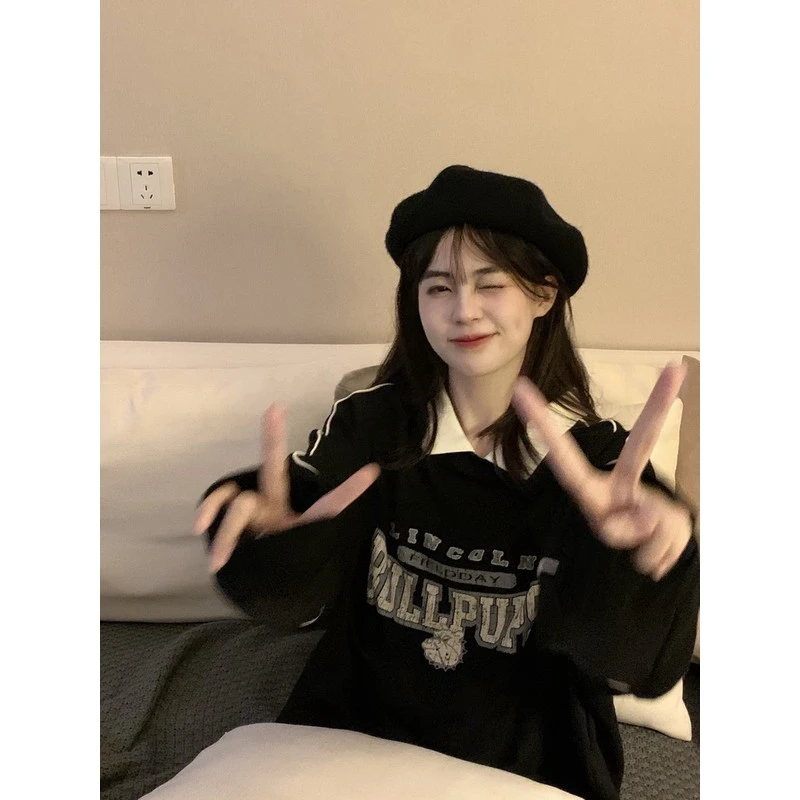 美式复古POLO领无帽慵懒风卫衣女2025春秋设计感小众宽松休闲上衣