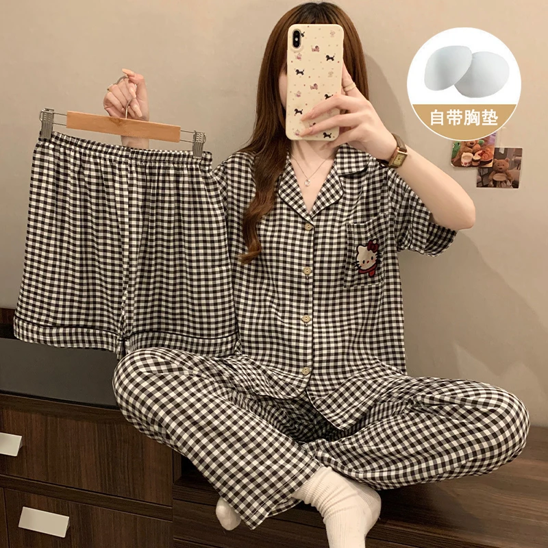 夏季卡通格子小猫短袖睡衣女三件套2025新款带胸垫开衫家居服套装